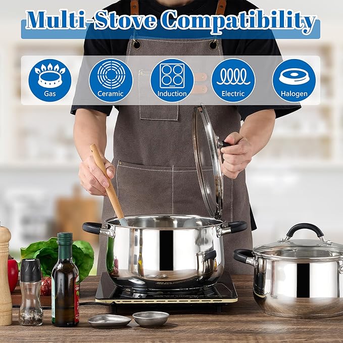 E-far Stainless Steel Stock Pot, 8 Quart Large Cooking Pot with Glass Lid for Boiling Pasta Soup Sauce, Tri-Ply Induction Thick Base for All Stoves, Cool-Touch Handles & Dishwasher Safe - Image 6