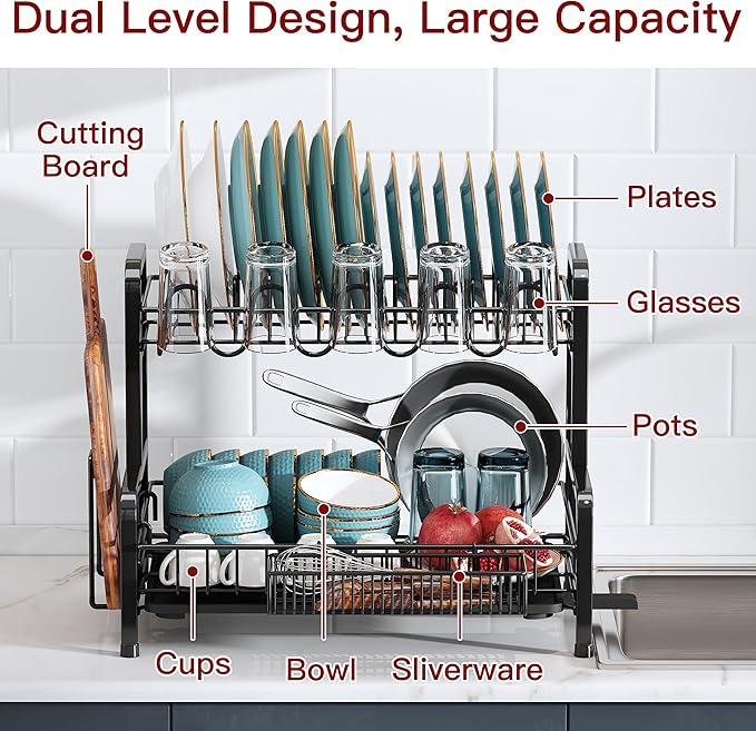 2 Tier Black Dish Drainer Drying Rack for Kitchen Counter, Large Stainless Steel Dishes Dryer with Drainboard, Space Saving, Big Rustproof Metal Modern Countertop Plates Strainer with Utensil Holder - Image 3