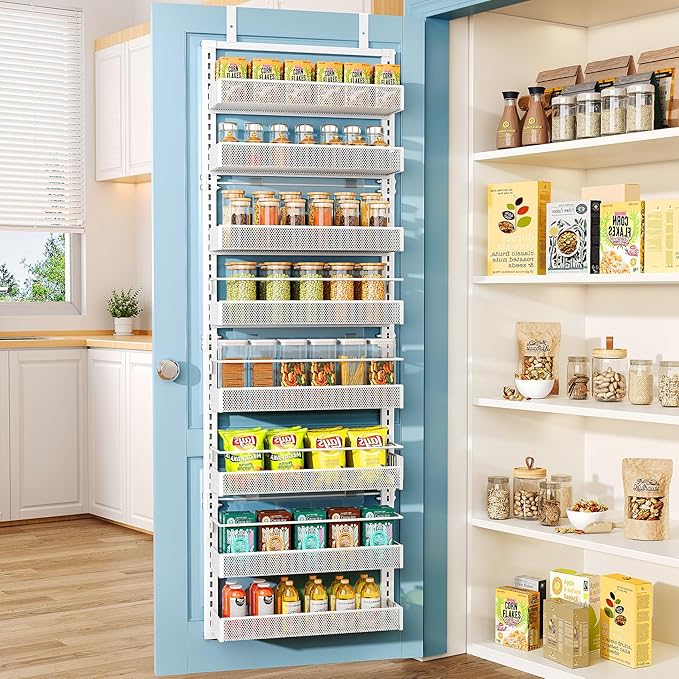 SNTD 8 Tiers Over the Door Organizer - Height Adjustable Pantry Organizers and Storage with Dense Mesh Baskets, Anti-Swing Hanging Door Spice Rack for Kitchen Bathroom (White, 17" W x 6" D x 69" H) by SNTD