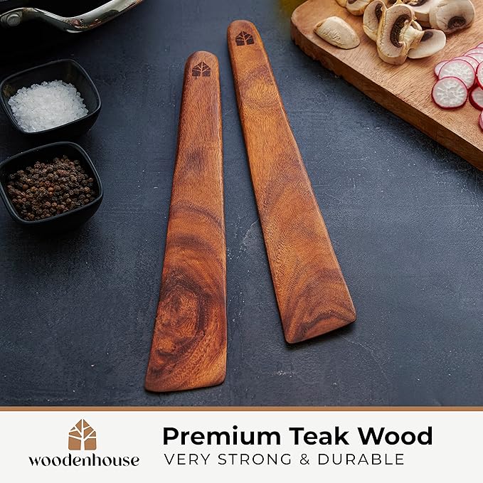 Wooden Spatula for Cooking Set of 2-12 Inch Teak Spatula for Non Stick Frying Pan - Turner & Flipper for Cast Iron, Egg & Pancake Scraper - BPA Free & Heat Resistant Wooden Cooking Utensils - Image 2