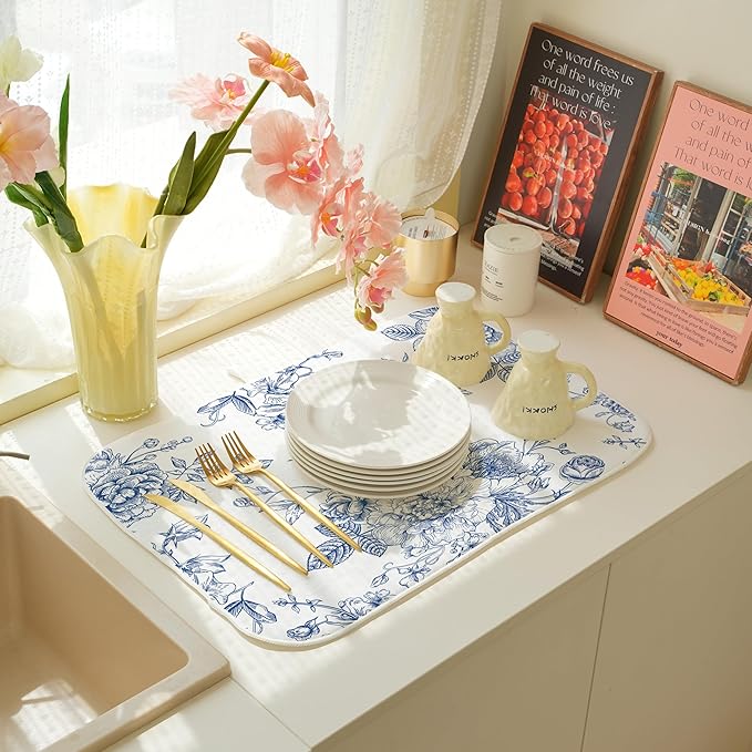 Chinoiserie Floral Dish Drying Mat 18 x 24 inch Vintage Blue Flower Decorative Drying Mats Microfiber Absorbent Dish Washable Draining Mat for Kitchen Counter Decor