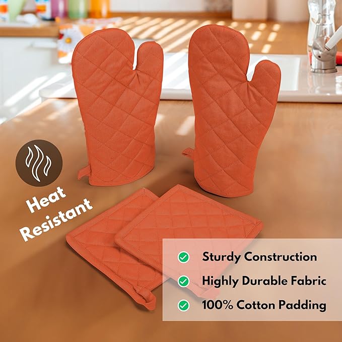Native Fab 4 Piece Set - 2 Oven Mitts & 2 Potholders, Heat Resistant, 100% Cotton, Quilted Design, Non-Slip Grip, Machine Washable, Ideal for Baking, Cooking, BBQ, Kitchen Protection - Orange - Image 4