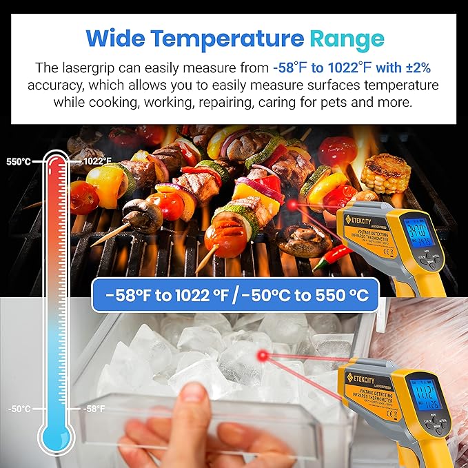 Etekcity Infrared Thermometer 1025D (Not for Human) Dual Laser Temperature Gun-58℉~1022℉ (-50℃~550℃) with Adjustable Emissivity, Non-Contact Voltage Tester (NCV), Standard Size, Yellow & Gray - Image 3