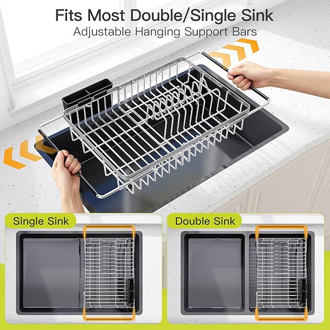 Expandable Stainless Steel Dish Drying Rack Over The Sink For Small Kitchen, Counter Space Saving Compact Metal Plate Drainer Strainer, Adjustable Hanging Inside Sink Rust Proof Wire Dryer Holder - Image 3