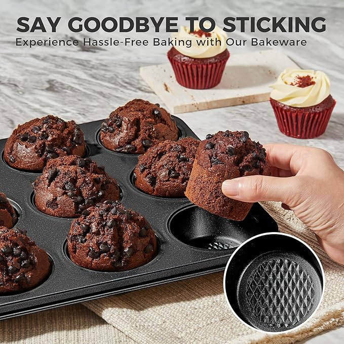 HONGBAKE 9-Piece Baking Pans Set Nonstick, Stackable Non Toxic Bakeware Sets with Diamond Texture, Oven Pan Set for Cooking, Includes Cookie Sheet with Rack, Cake Pan, Roasting Pan, Muffin Tin, Gray - Image 7