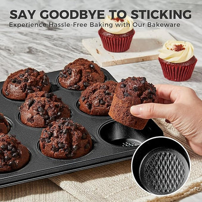 HONGBAKE 9-Piece Baking Pans Set Nonstick, Stackable Non Toxic Bakeware Sets with Diamond Texture, Oven Pan Set for Cooking, Includes Cookie Sheet with Rack, Cake Pan, Roasting Pan, Muffin Tin, Gray - Image 7