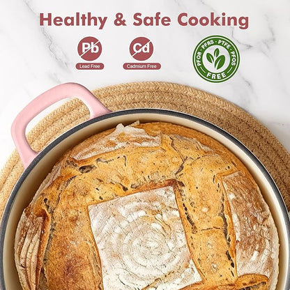 SENSARTE Enameled Cast Iron Dutch Oven Pot with Lid 3.5/5.5/6.5 Quart Heavy-Duty Round Dual Handles Kitchen Pot with Cotton Potholders & Silicone Trivet, Pot for Bread Baking, Stews, Braising, Roasting, Oven Safe, 3.5 Quart, Pink
