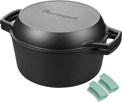 VORRINGARD Pre-seasoned Cast Iron Double Dutch Oven Pot with Skillet Lid, Dual-handle, for Bread Baking, Outdoor, Campfire Cooking, 5 Quart by Unknown