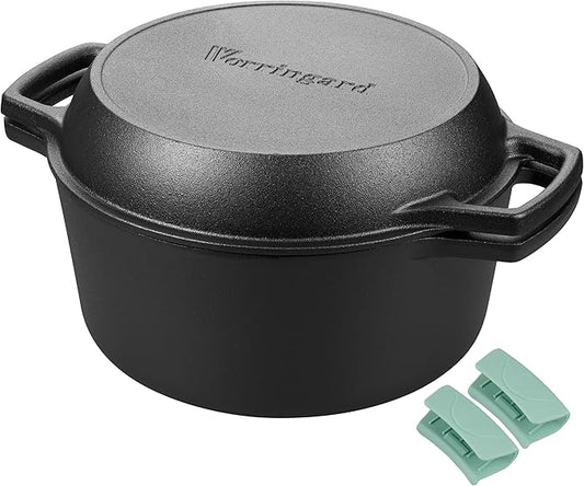 VORRINGARD Pre-seasoned Cast Iron Double Dutch Oven Pot with Skillet Lid, Dual-handle, for Bread Baking, Outdoor, Campfire Cooking, 5 Quart by Unknown