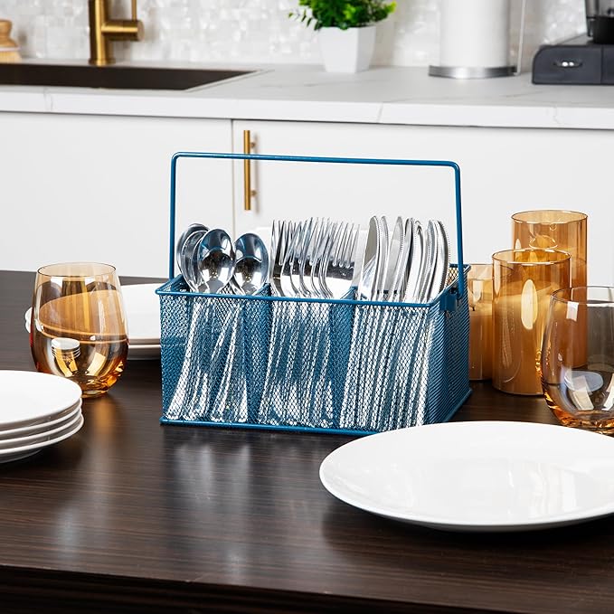Mind Reader Multi-purpose Storage Caddy with Handle, Desktop Organizer, Cutlery Holder, 4 Compartments, Metal Mesh, Turquoise - Image 2