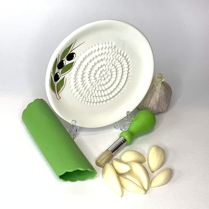 BonCera, All-in-one Premium Ceramic Garlic Grater Plate 4-Piece Set - White Olive Design, Classic Style - For Garlic, Ginger, Chocolate, and more! - Comes with 5.25" Plate, Peeler, Brush, and Stand