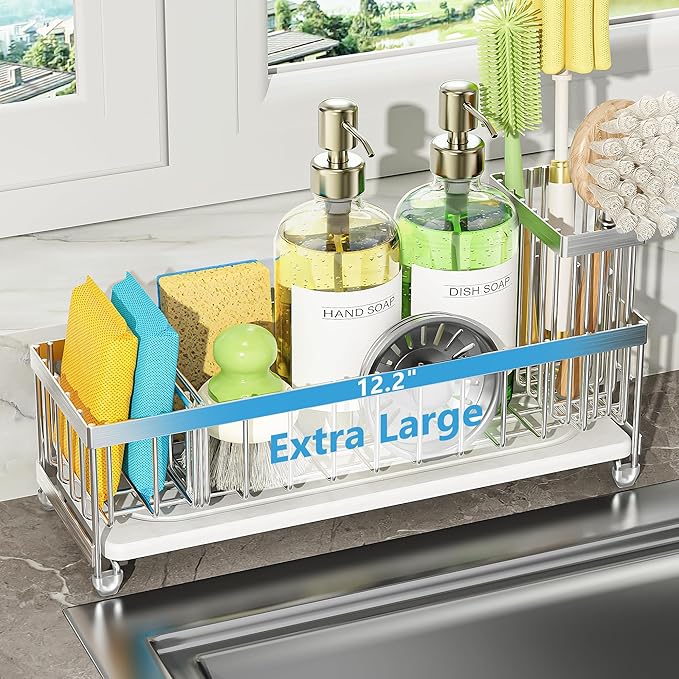 Cisily Extra Large Sink Caddy Organizer with Drying Stone, Silver Sponge Holder for Kitchen, Dish Brush Holder for Countertop, Kitchen Decor Storage and Essentials by CISILYHOMELIFE