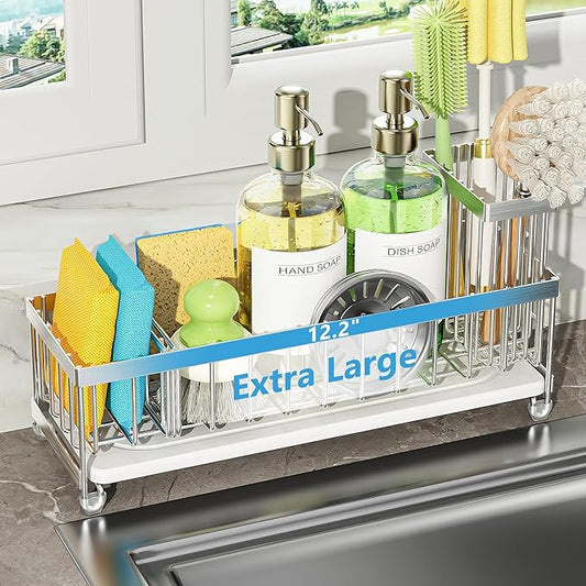 Cisily Extra Large Sink Caddy Organizer with Drying Stone, Silver Sponge Holder for Kitchen, Dish Brush Holder for Countertop, Kitchen Decor Storage and Essentials by CISILYHOMELIFE