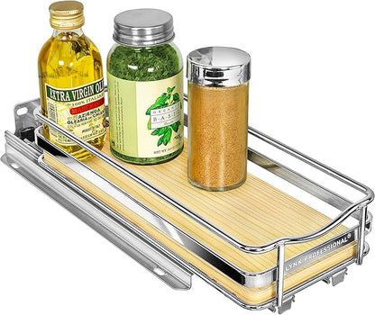LYNK PROFESSIONAL® Élite™ Pull Out Spice Organization for Cabinets - 4-3/8 inch Wide – Spice Rack for Inside Cabinets – Wood/Chrome - Sliding Spice Rack Organizer for cabinet – Spice Rack - 1 Tier by LYNKPROFESSIONAL