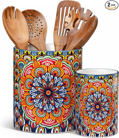 vancasso SIMI Utensil Holder, 7.3"+5.5" Porcelain Kitchen Utensil Holder for Countertop, Bohemian Kitchen Utensil Organizer for Spatulas, Spoons, Ladles, Decorative Counter Utensil Crock, Regal Bloom