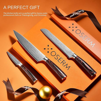 Kitchen Knife Set, 4 PCS (3+1) Chef Knife Set, Razor Sharp High Carbon Steel Knives Set, Gift Ready Knife Set with Orange Gift Box, Includes An Additional 8" Chef Knife (Boxed Separately)