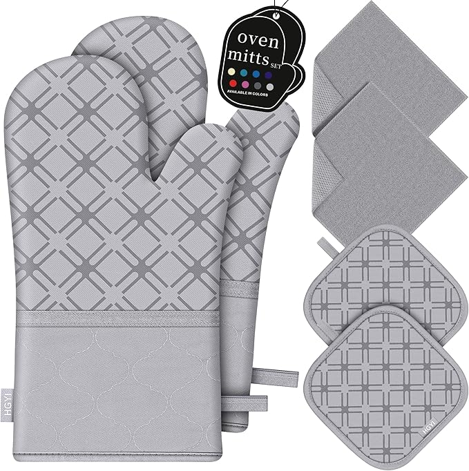 Oven Mitts and Pot Holders Set with Dishcloths, 500 Degree Heat Resistant Oven Gloves and Hot Pads, Premium Soft Cotton Kitchen Mittens and Dish Cloth Sets-Grey by HGYI