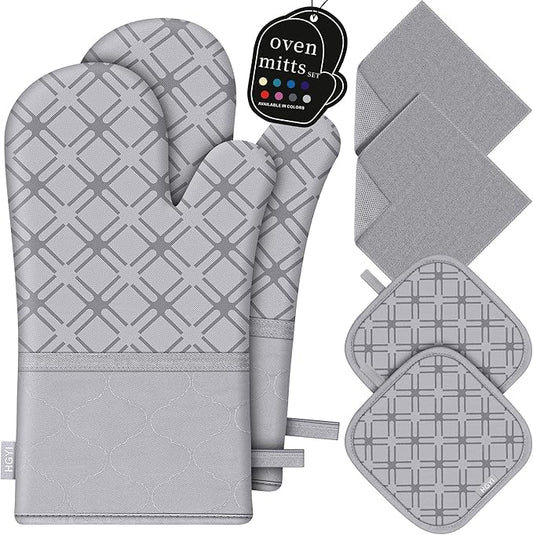 Oven Mitts and Pot Holders Set with Dishcloths, 500 Degree Heat Resistant Oven Gloves and Hot Pads, Premium Soft Cotton Kitchen Mittens and Dish Cloth Sets-Grey by HGYI