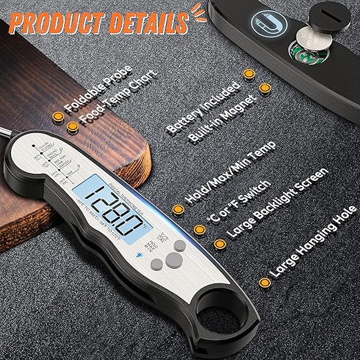 Digital Meat Thermometer, Waterproof Instant Read Food Thermometer for Cooking and Grilling, Kitchen Gadgets, Accessories with Backlight & Calibration for Candy, BBQ Grill, Liquids, Beef, Turkey… - Image 6