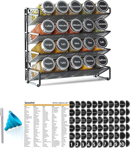 SpaceAid Spice Rack Organizer with 20 Spice Jars, 386 Spice Labels, Chalk Marker and Funnel Set for Cabinet, Countertop, Pantry, Cupboard or Door & Wall Mount - 20 Jars, 9.8" W × 10.8“H, Black by SpaceAid