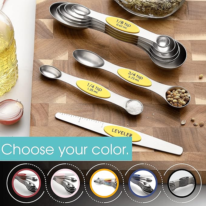 Spring Chef Yellow Stainless Steel Magnetic Measuring Spoons Set of 8 with Leveler, Dual Sided Metal Teaspoon & Tablespoon Measuring Spoons, Kitchen Gadgets for Baking & Cooking, Fits in Spice Jars - Image 6