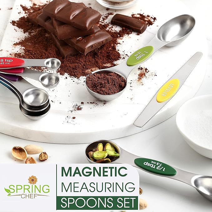 Spring Chef Stainless Steel Magnetic Measuring Spoons Set with Strong Magnets, Heavy Duty Metal Kitchen Essentials - Fits in Most Kitchen Spice Jars, Multicolor, Set of 8 with Leveler - Image 7