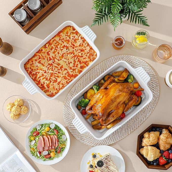 MALACASA 4.4 QT Baking Dish with Rack, 9x13 Large Casserole Dish for Oven, Ceramic Baking Pan with Rack, Rectangular Lasagna Pan Deep with Handles for Baking, Durable Microwave Oven Safe, White - Image 8
