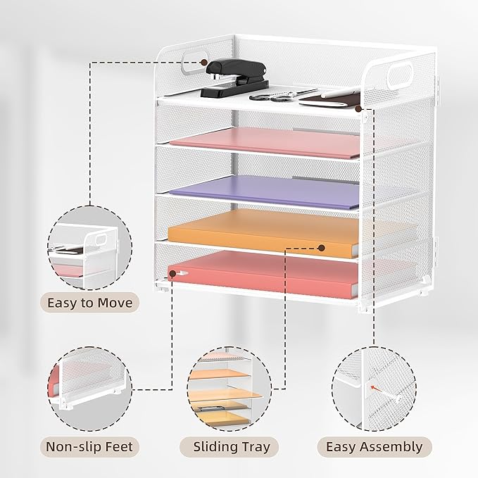 2 Pack 5-Tier White Desk Organizer with Handle Mesh Desk File/Paper Organizer Letter Tray for Office, School and Home Easy Installation - Image 3