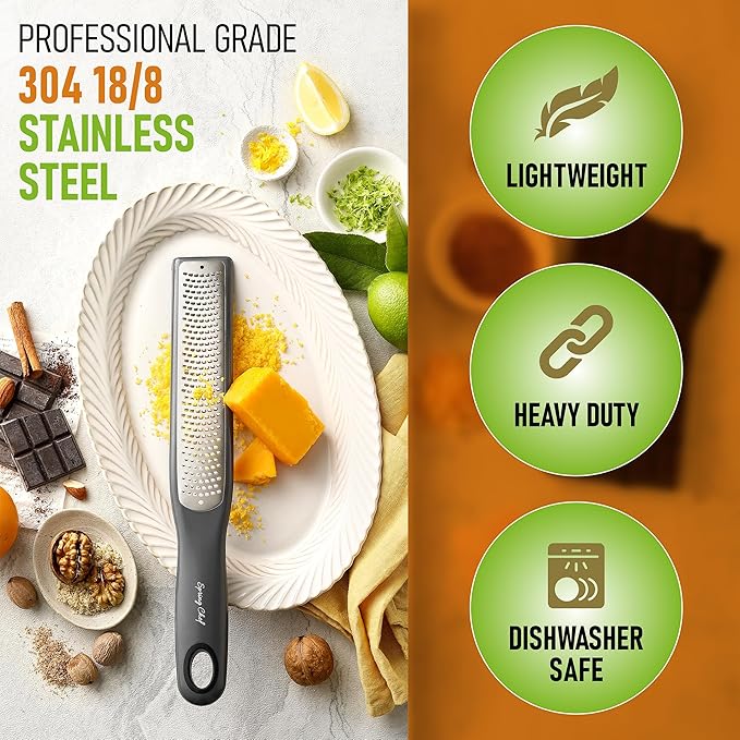 Spring Chef Premium Gray Lemon Zester Grater with Handle - Lime, Garlic, Ginger, Orange, Nutmeg, Fruit Grater - Heavy Duty Kitchen Tool - Stainless Steel Citrus Zester with Blade Cover - Fine Shred - Image 3
