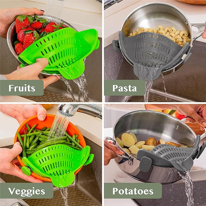 2 Pack Kitchen Gizmo Snap-On Strainer - Silicone Clip-On Strainer for Pots and Pans - Collapsible Design - Heat Resistant Colander for Vegetables and Noodles - Ideal for Rice, Grains - Green/Grey - Image 7