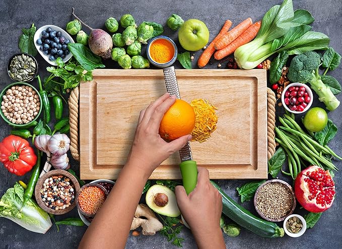 8-Inch Lemon Zester & Cheese Grater 18/8 Stainless Steel Citrus Zester for Lemon, Lime, Parmesan, Garlic & Ginger 8’’ Long Razor Sharp Blade, Ergonomic Non‑Slip Handle with Protective Cover, Green