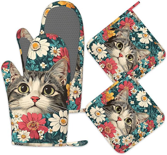 Cute Cat Oven Mitts and Pot Holders Set of 4,Blooming Colorful Flowers Kitchen Oven Glove Heat Resistant Oven Mitts with Non-Slip Silicone for Baking, Cooking, BBQ