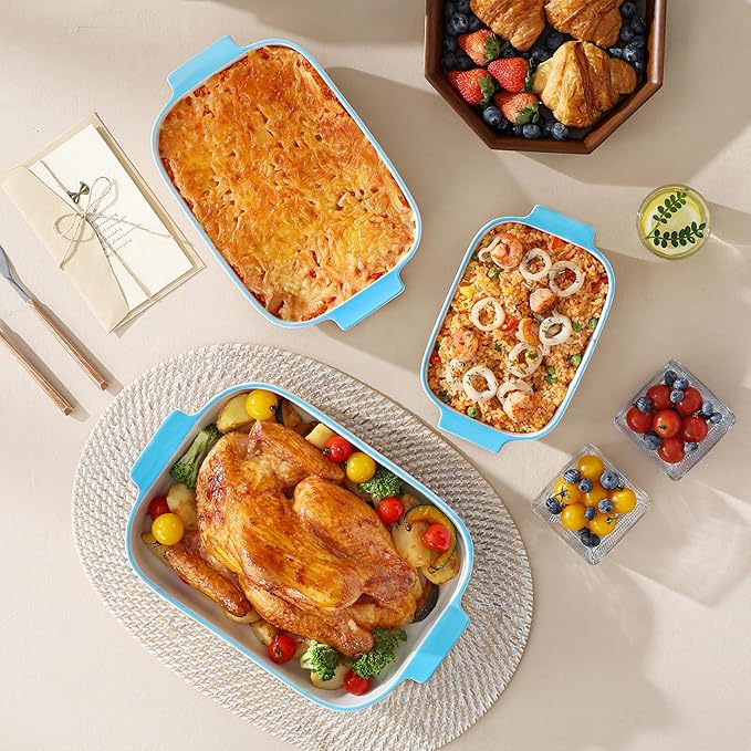 MALACASA Casserole Dishes for Oven, Ceramic Baking Dishes Set of 3, Rectangular Lasagna Pan Deep Baking Pans, Bakeware Sets with Handles Gift Set, White with Blue Trim(13.8''/11.7''/9.4''), Series BAKE - Image 6