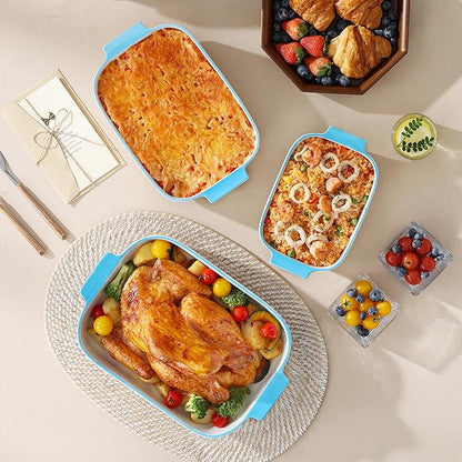 MALACASA Casserole Dishes for Oven, Ceramic Baking Dishes Set of 3, Rectangular Lasagna Pan Deep Baking Pans, Bakeware Sets with Handles Gift Set, White with Blue Trim(13.8''/11.7''/9.4''), Series BAKE - Image 6