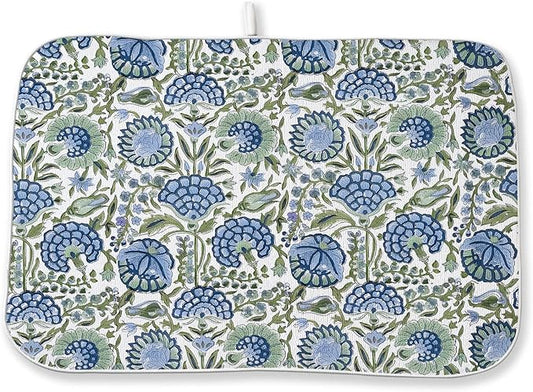 Boho Navy Blue Sage Green Dish Drying Mat 18x24 Inch Vintage Floral Drying Mat Chinoiserie Flower Spring Summer Absorbent Dish Drying Pad Dish Rack Drainer Mats for Kitchen Dining Counter