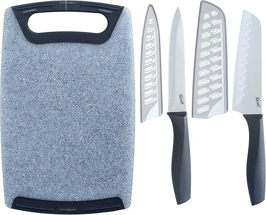 Glad Knife Set with Cutting Board, 5 Pieces | Sharp Santoku and Utility Knives with Blade Covers and Plastic Chopping Block | Kitchen Cooking Accessories