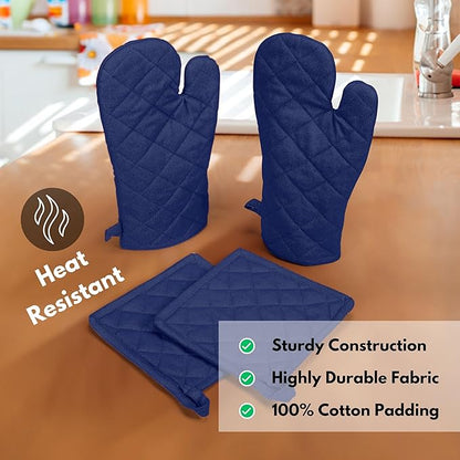 Native Fab 4 Piece Set - 2 Oven Mitts & 2 Potholders, Heat Resistant, 100% Cotton, Quilted Design, Non-Slip Grip, Machine Washable, Ideal for Baking, Cooking, BBQ, Kitchen Protection - Ink Blue - Image 4