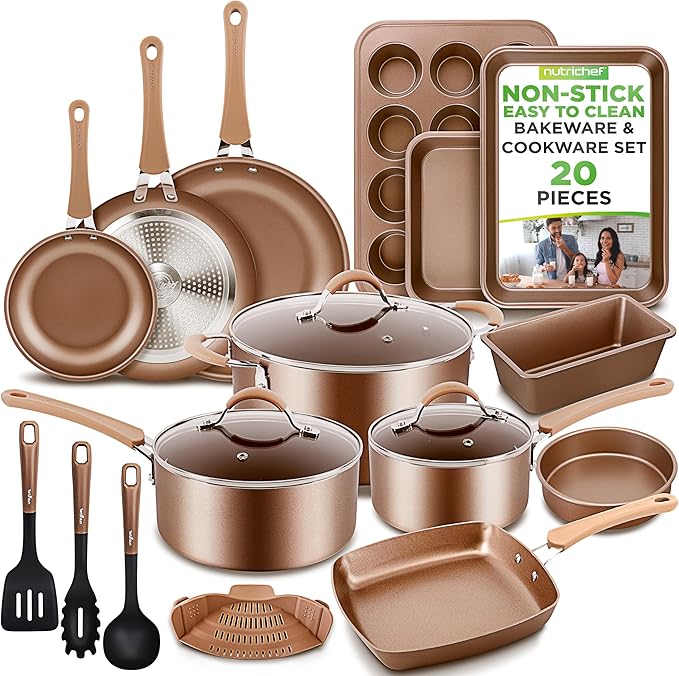 NutriChef 20-Piece Pots and Pans Set Non Stick – Induction Cookware Set, PFAS-Free Nonstick Cookware for All Cooktops, Includes Bakeware & Kitchen Utensils by NutriChef%E2%84%A2Kitchen