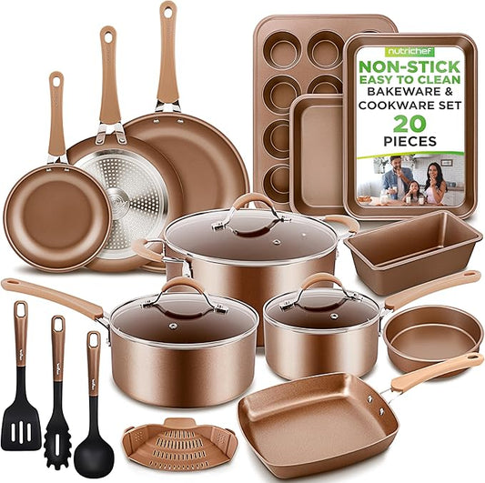 NutriChef 20-Piece Pots and Pans Set Non Stick – Induction Cookware Set, PFAS-Free Nonstick Cookware for All Cooktops, Includes Bakeware & Kitchen Utensils by NutriChef%E2%84%A2Kitchen