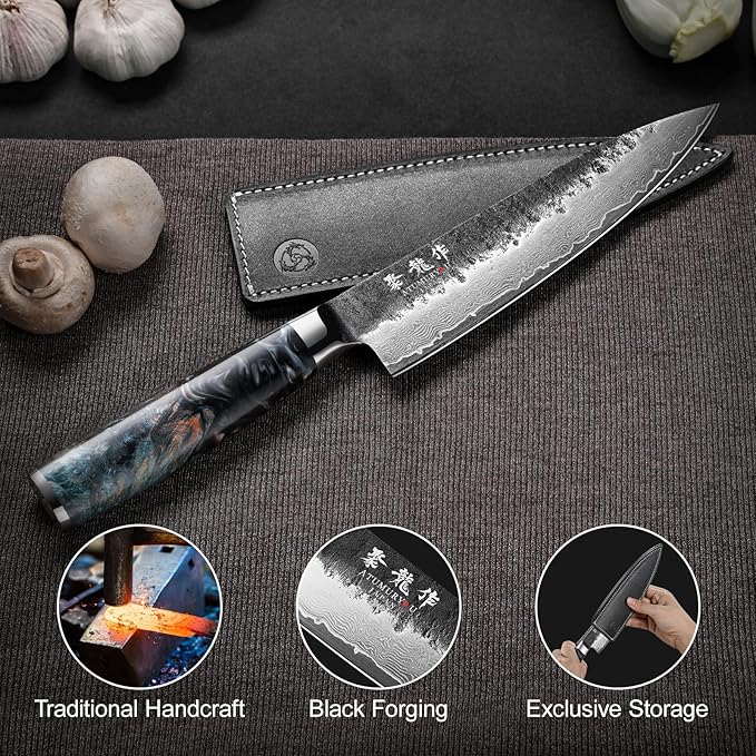 Japanese Chef Knife 8'', Hand Forged 67-Layer Damascus VG10 Core Kitchen Knife for Home & Professional Chefs, Razor Sharp Chef's Knives with Leather Sheath and Premium Gift Box, Ideal Cooking Gift