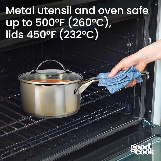 GoodCook Stainless Steel Sauce Pan with Strainer Lid Oven-Safe to 500F & Induction-Safe Compatible with All Stovetops 3-Layer Construction for Even Heating PTFE & PFOA Free, 2.5-Quarts, Silver