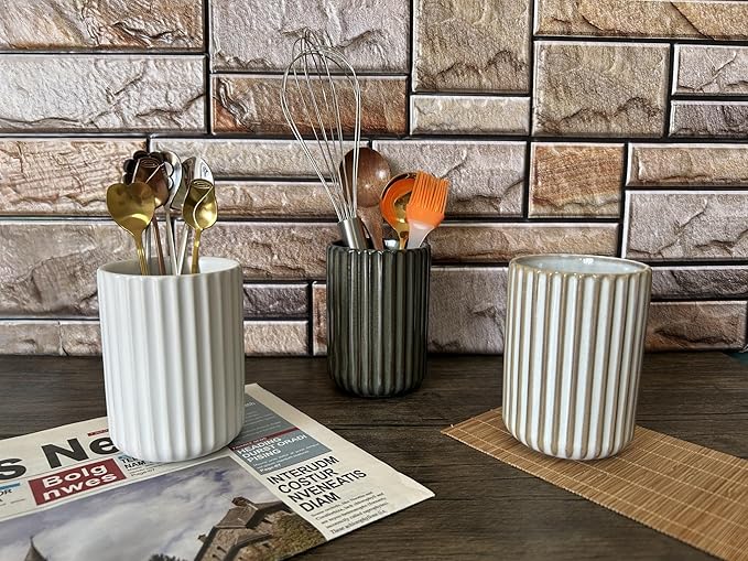 TOPYOKK Stoneware Coffee Bar Utensil Holder Tea & Coffee Spoon & Stirrer Holder for Stir Stick Straw Teaspoon Holder Spoon Cup Small Utensil Jar Fluted Vertical Stripe (Retro White) - Image 3