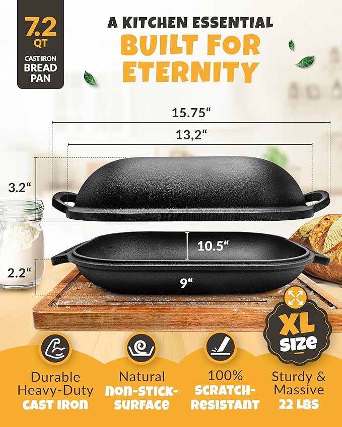 CRUSTLOVE Cast Iron Bread-Pan with Lid - incl. Sourdough Bread Baking Supplies - like Banneton Bread-Proofing Basket - 7.2QT Bread-Oven Dutch, Oven for Bread-Baking Cast Iron Pan Scoring Tool Lame Kit - Image 3