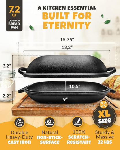 CRUSTLOVE Cast Iron Bread-Pan with Lid - incl. Sourdough Bread Baking Supplies - like Banneton Bread-Proofing Basket - 7.2QT Bread-Oven Dutch, Oven for Bread-Baking Cast Iron Pan Scoring Tool Lame Kit - Image 3