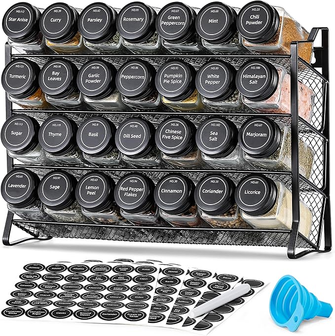 AOZITA Spice Rack Organizer for Cabinet, Spice Organizer with 28 Empty Spice Jars with Black Lids, Funnel, Spice Labels, Seasoning Organizer for Countertop, Cabinet, Kitchen, Pantry, Cupboard by AOZITA