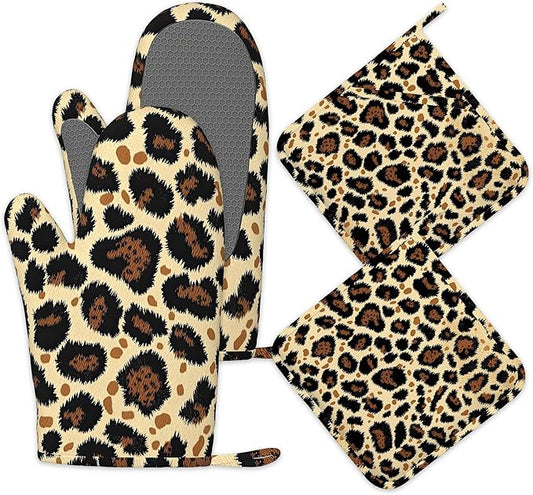 Leopard Print Oven Mitts and Pot Holders Sets of 4, Heat Resistant Silicone Oven Mitts Gloves Non-Slip Kitchen Mittens Potholders for Cooking Baking Grilling BBQ