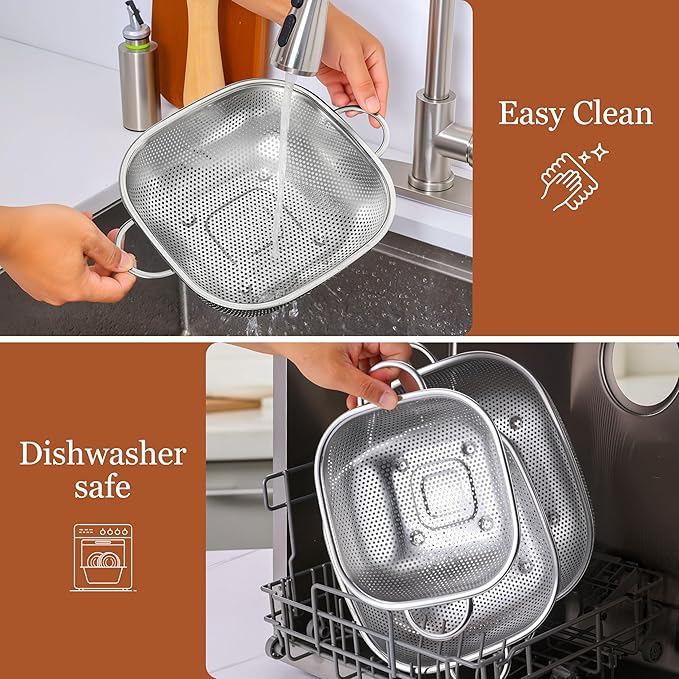 E-far 4QT Square Stainless Steel Colander - Metal Strainer with Handle for Draining Pasta & Vegetables, Micro-Perforated & Elevated Feet, Dishwasher Safe - Image 5