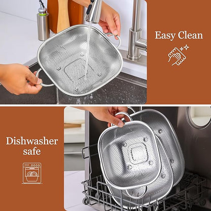 E-far 4QT Square Stainless Steel Colander - Metal Strainer with Handle for Draining Pasta & Vegetables, Micro-Perforated & Elevated Feet, Dishwasher Safe - Image 5