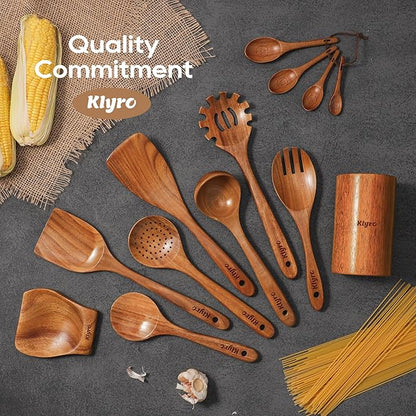 KLYRO Wooden Spoons for Cooking, Nonstick Kitchen Utensils Set with 4 Piece Measuring Spoons, Comfort Grip Wooden Spatula Set, 9 Piece Teak Wooden Cooking Utensils with Holder and Spoon Rest - Image 6