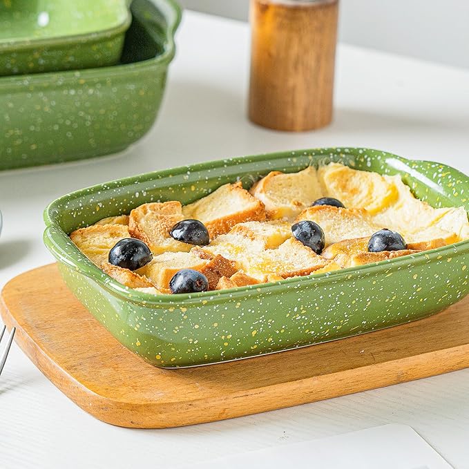 Ceramic Baking Dishes for Oven,Heavy Duty Bakeware Dish Set of 3, Rectangular Casserole,Lasagna Pan Deep,High Heat Resistant,Glazed Handcraft Speckle Series (13.8''/12''/9.6''Green) - Image 6